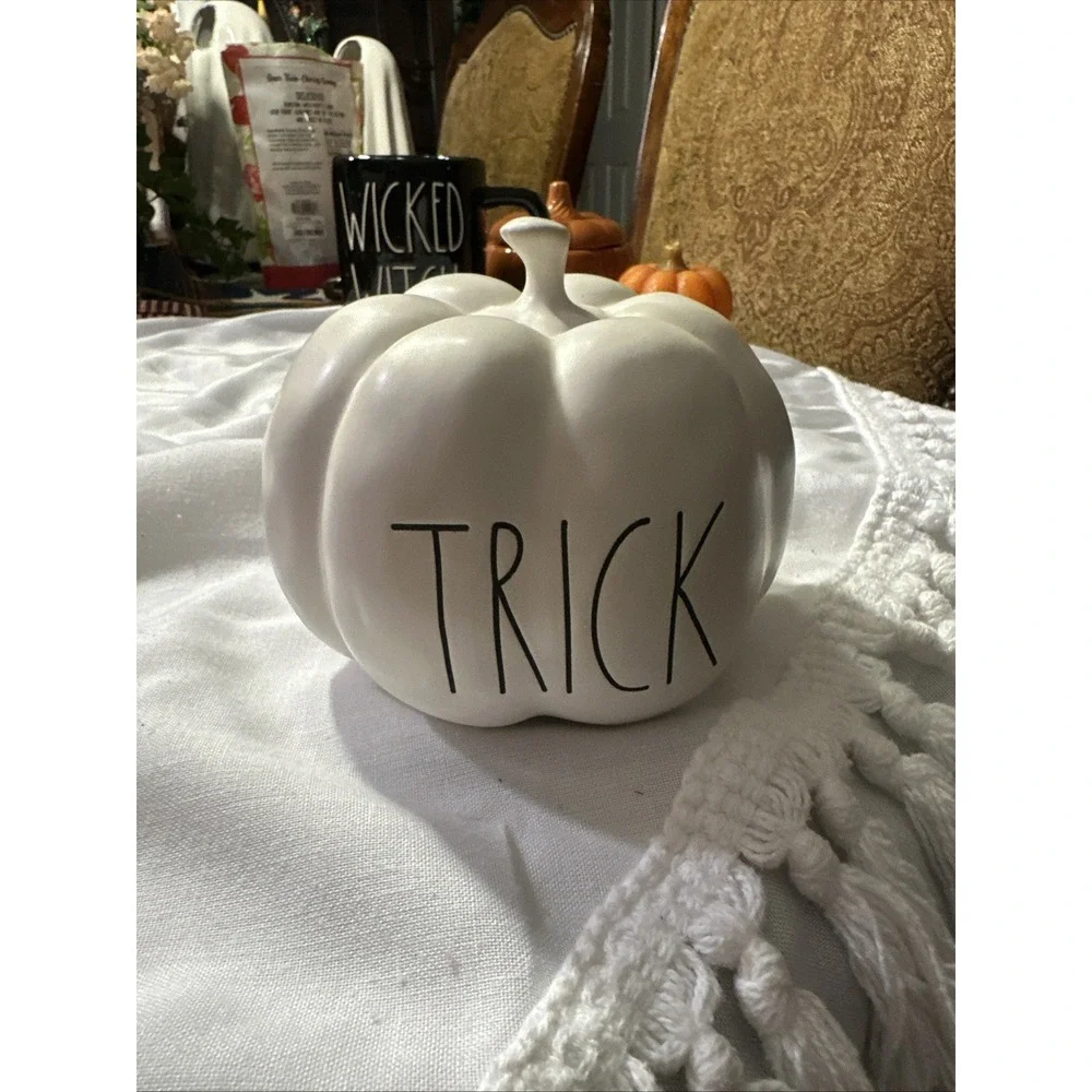 Rae Dunn Halloween TRICK White Matte Baby Pumpkin Dimply! 5